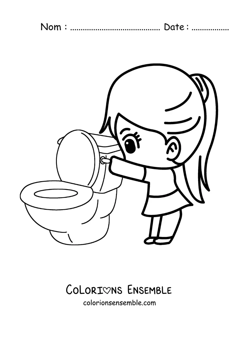 Image à colorier d'une fille qui tire la chasse d'eau des toilettes