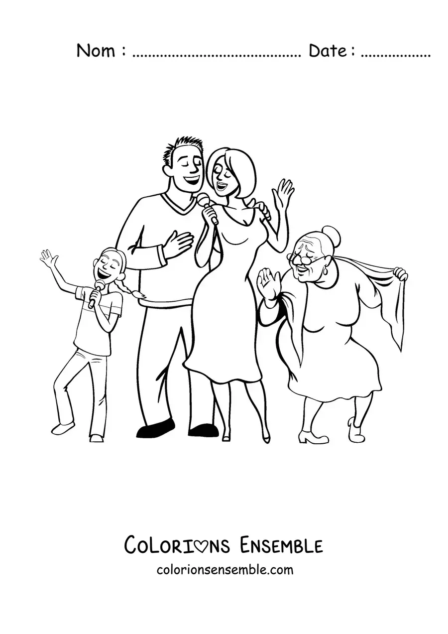 Image à colorier d'une famille qui s'amuse avec la mamie qui danse à côté