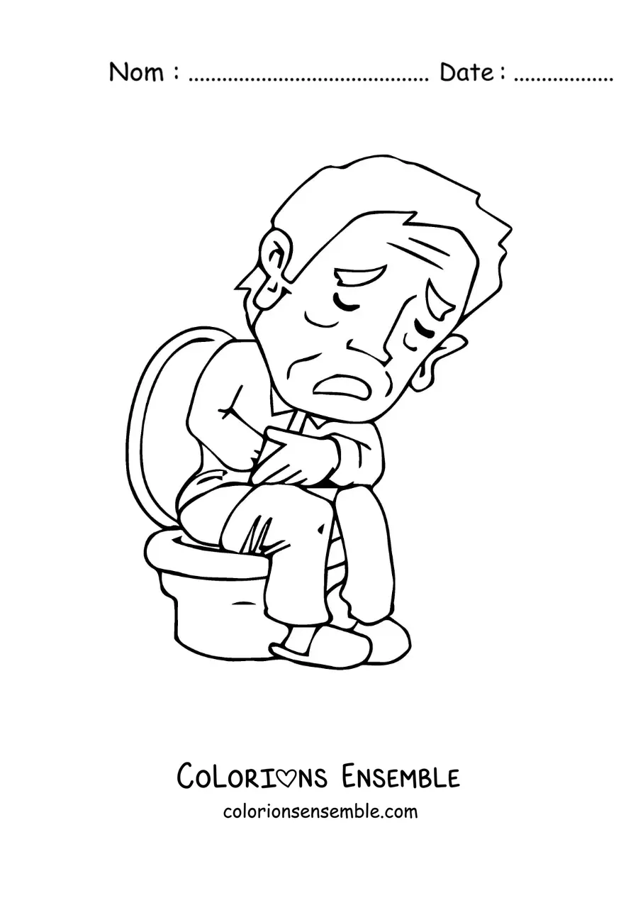 Image à colorier d'un homme qui a mal à l'estomac sur les toilettes