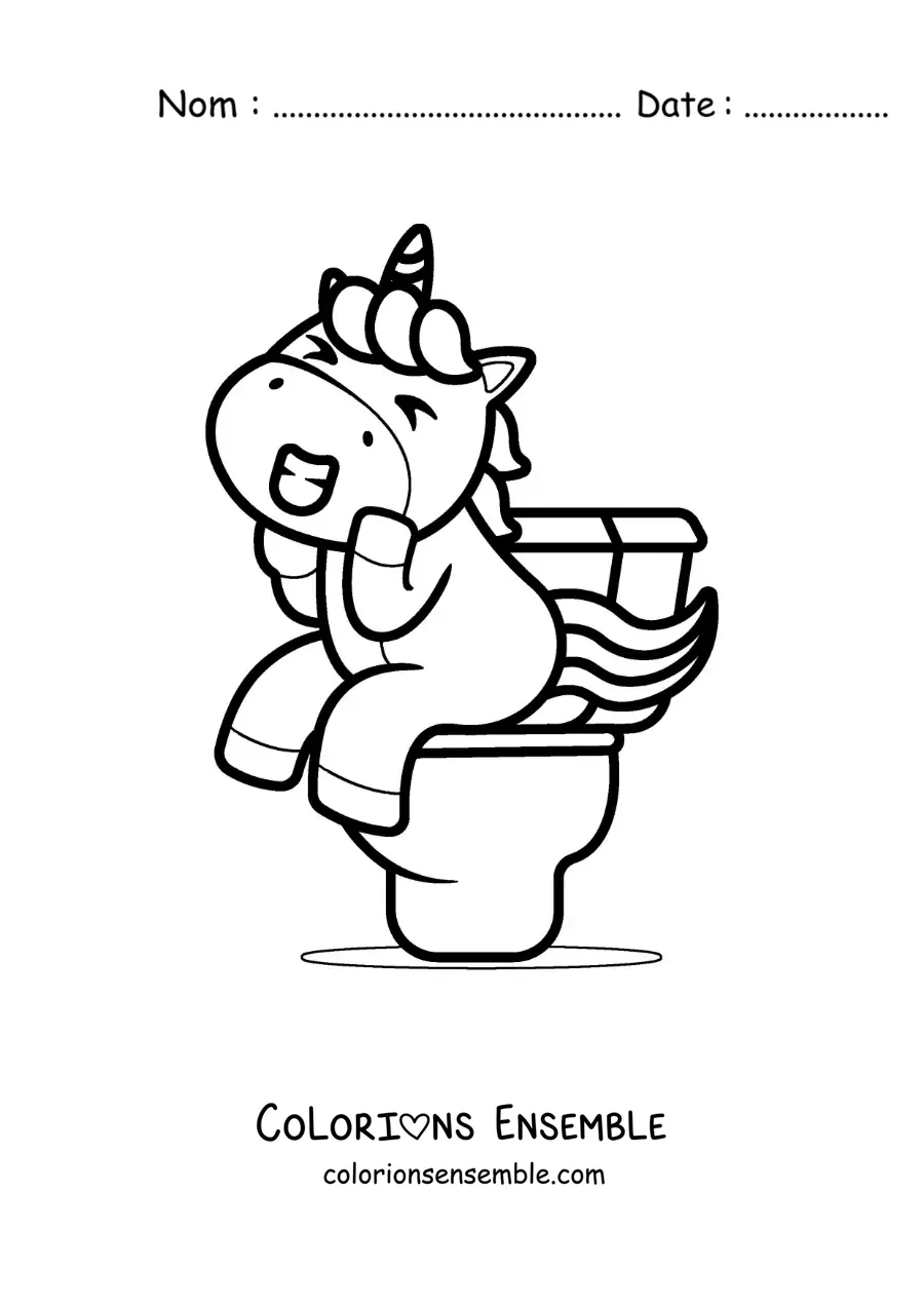 Image à colorier d'une licorne de dessin animé assise sur les toilettes