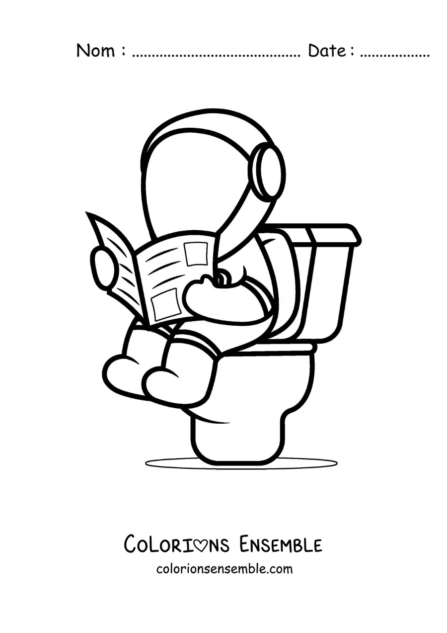 Image à colorier d'un astronaute de dessin animé assis sur les toilettes en train de lire