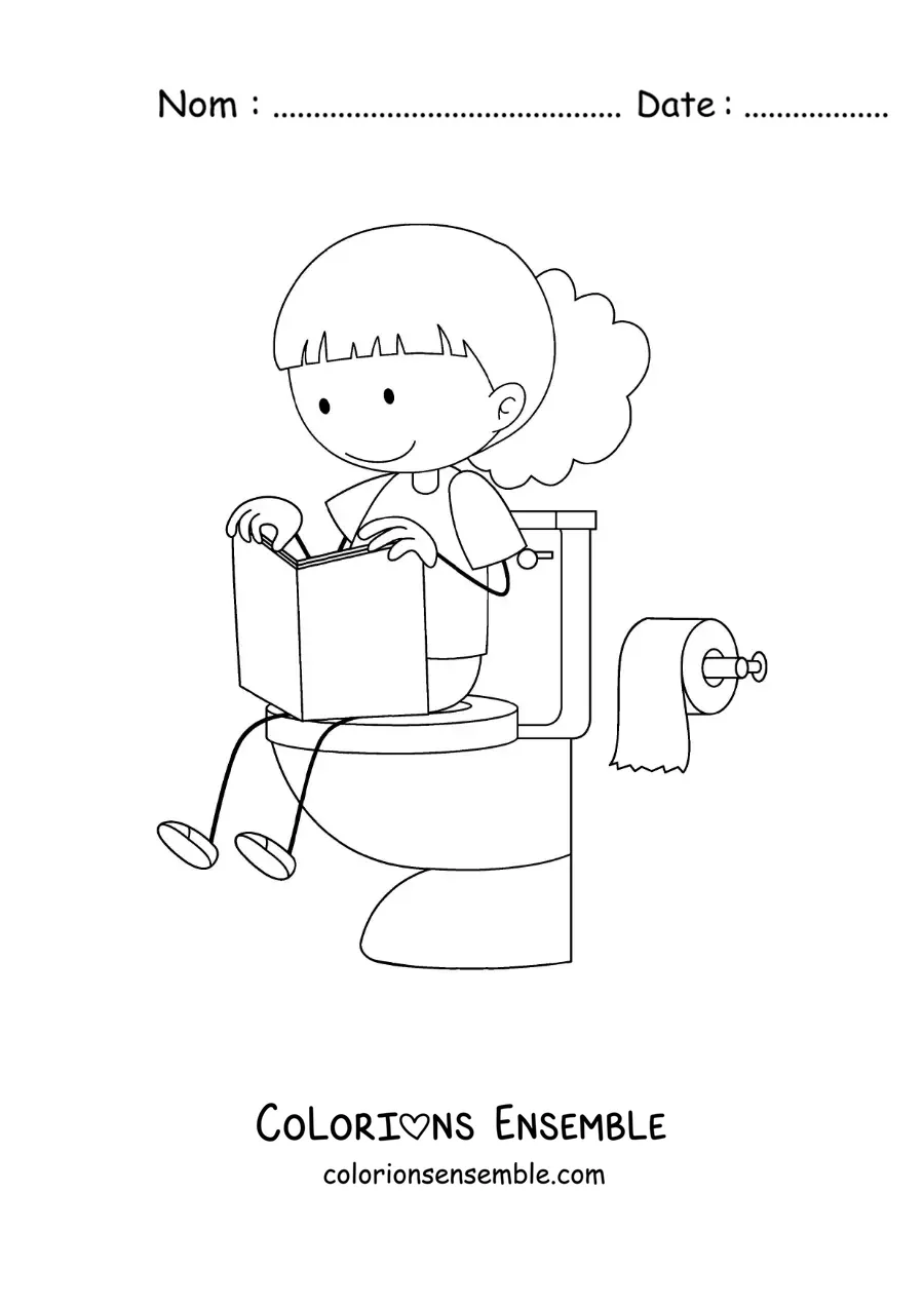 Image à colorier d'une fille assise sur les toilettes en train de lire un livre