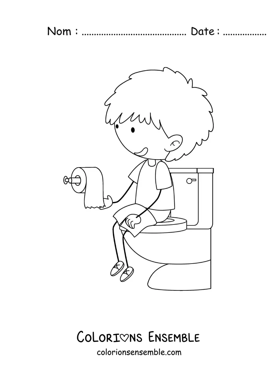 Image à colorier d'un garçon assis sur les toilettes avec du papier toilette