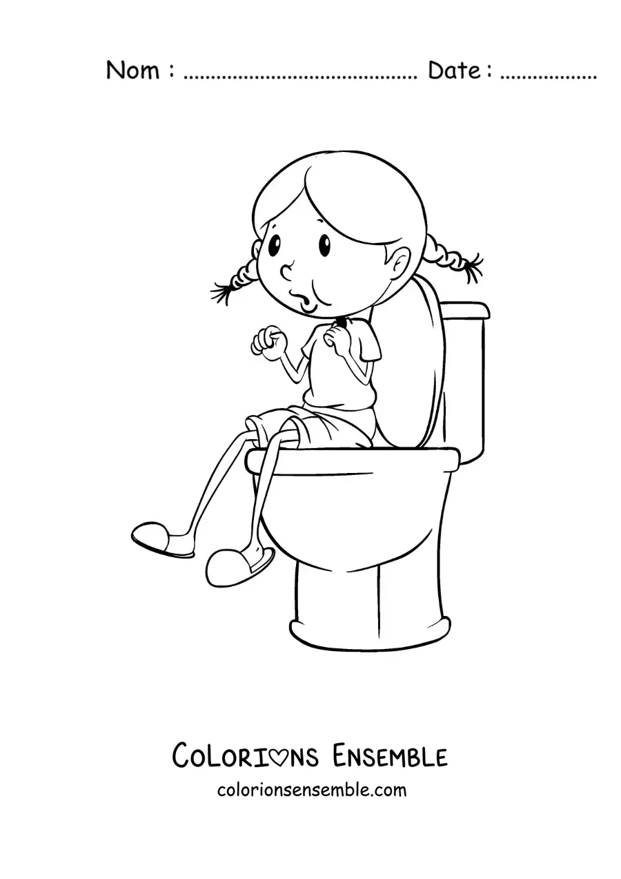 Image à colorier d'une fille assise sur les toilettes