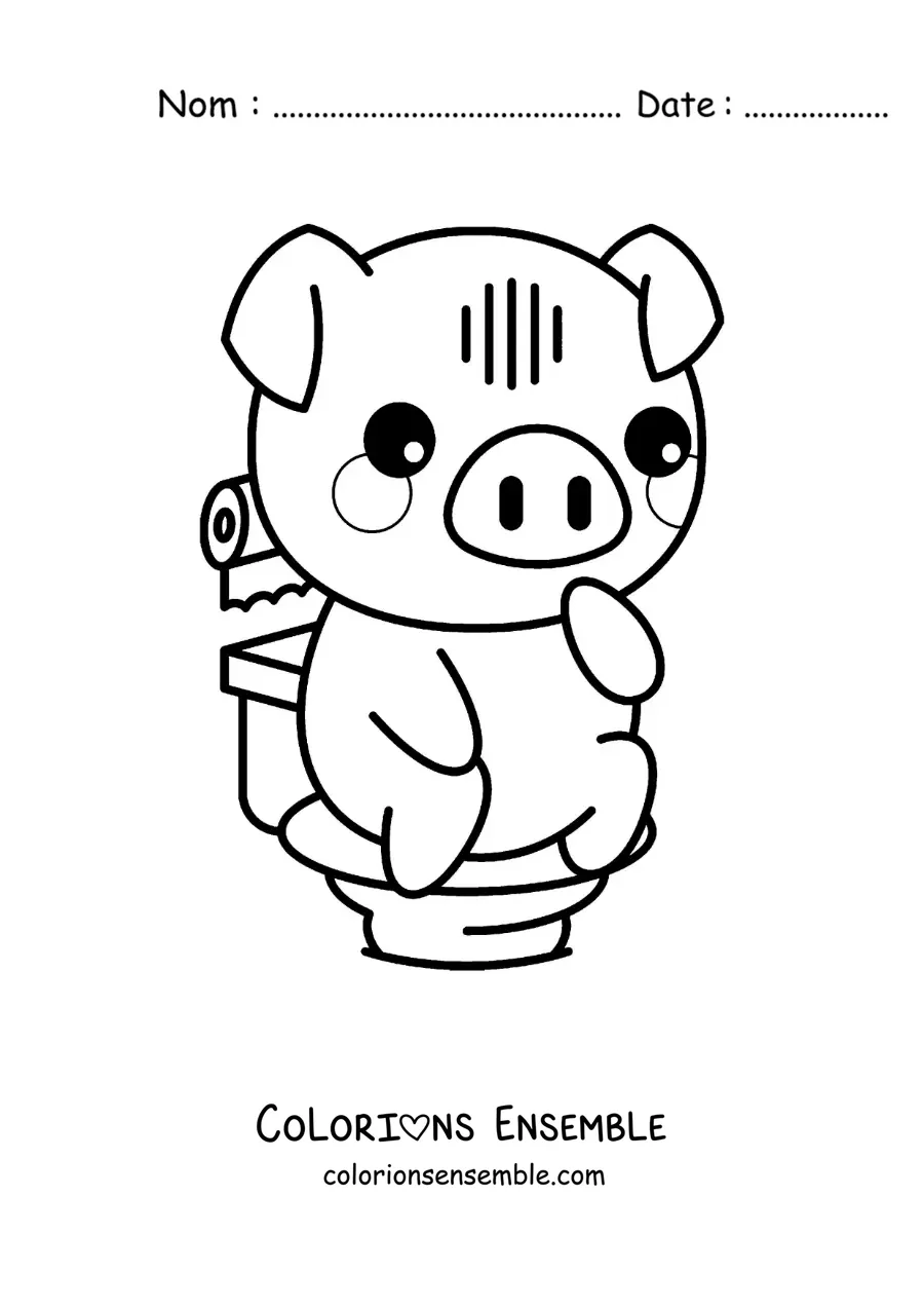 Image à colorier d'un mignon petit cochon de dessin animé qui apprend à utiliser les toilettes