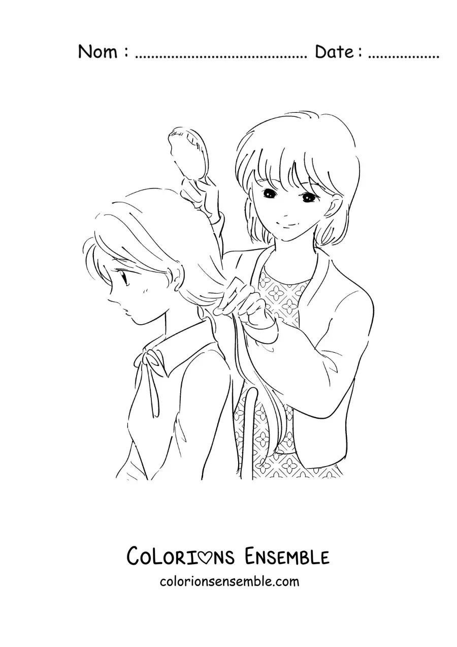 Image à colorier d'une mère qui coiffe sa fille pour aller à l'école