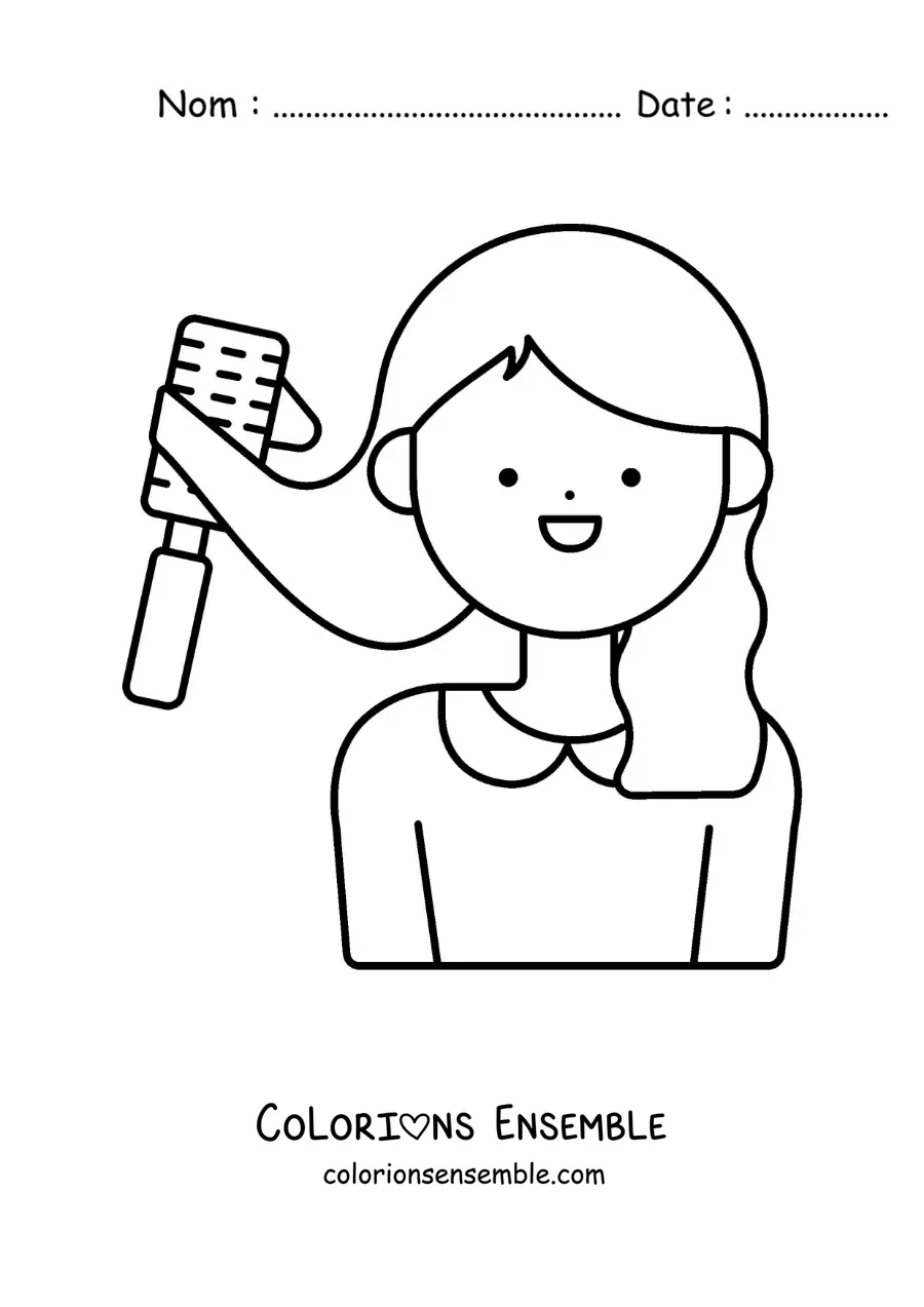 Image à colorier d'une fille qui se coiffe les cheveux avec une brosse