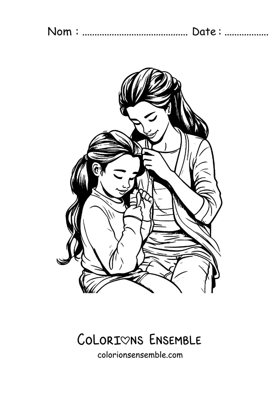 Image à colorier d'une mère qui coiffe les cheveux de sa fille