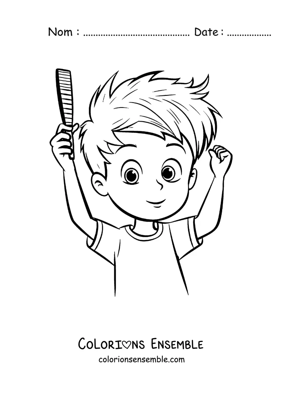 Image à colorier d'un garçon qui se coiffe avec un peigne