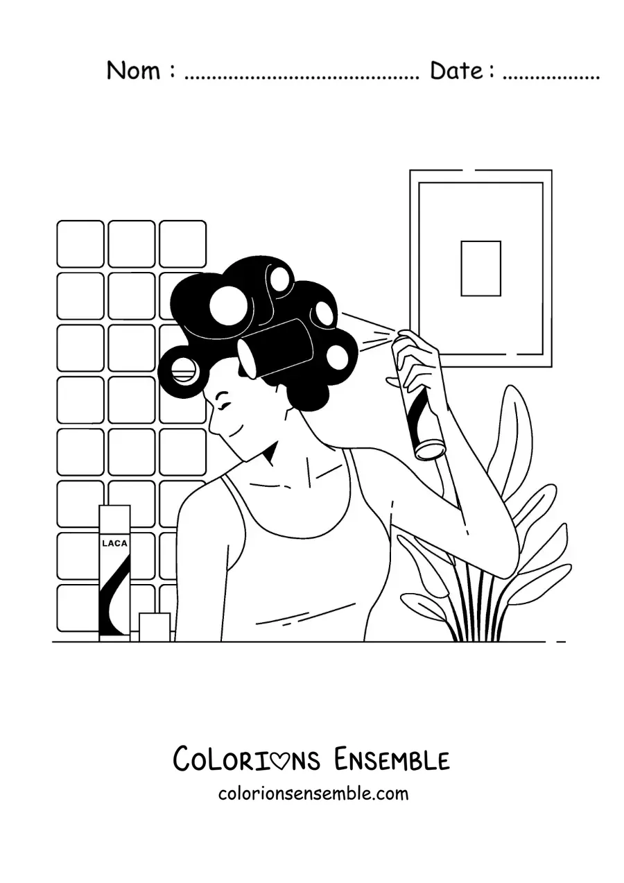 Image à colorier d'une femme qui coiffe ses cheveux avec de la laque