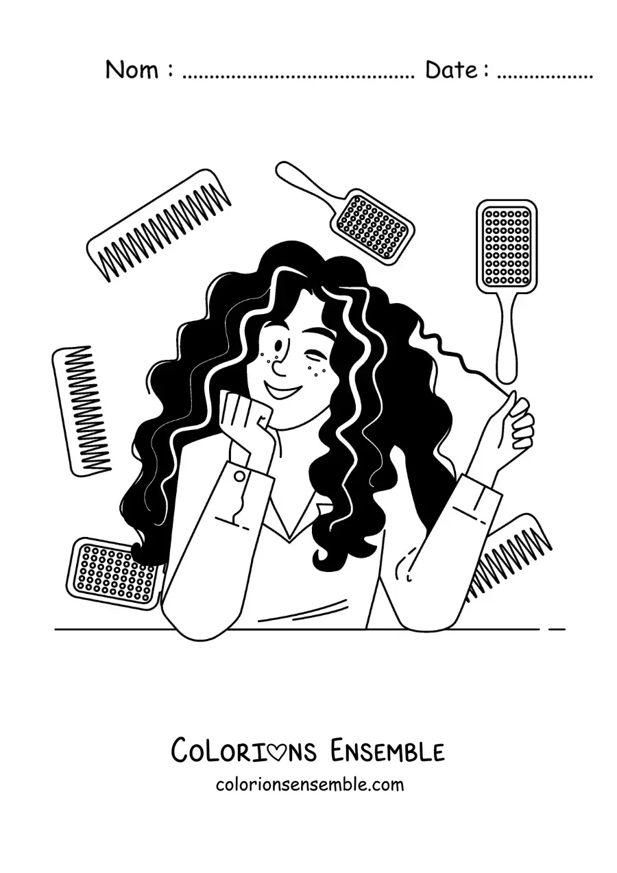 Image à colorier d'une femme aux cheveux bouclés qui se coiffe