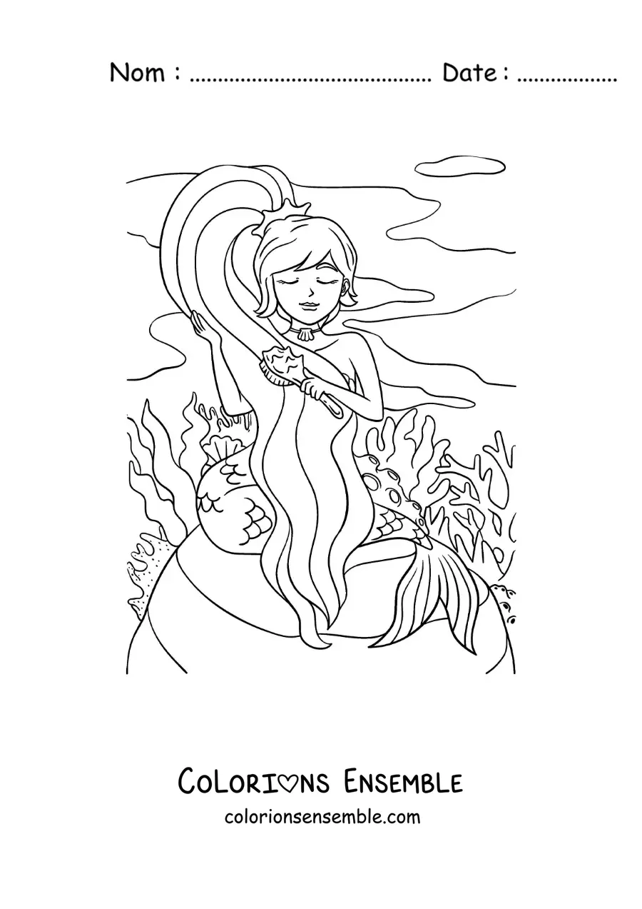 Image à colorier d'une sirène de dessin animé qui se coiffe les cheveux