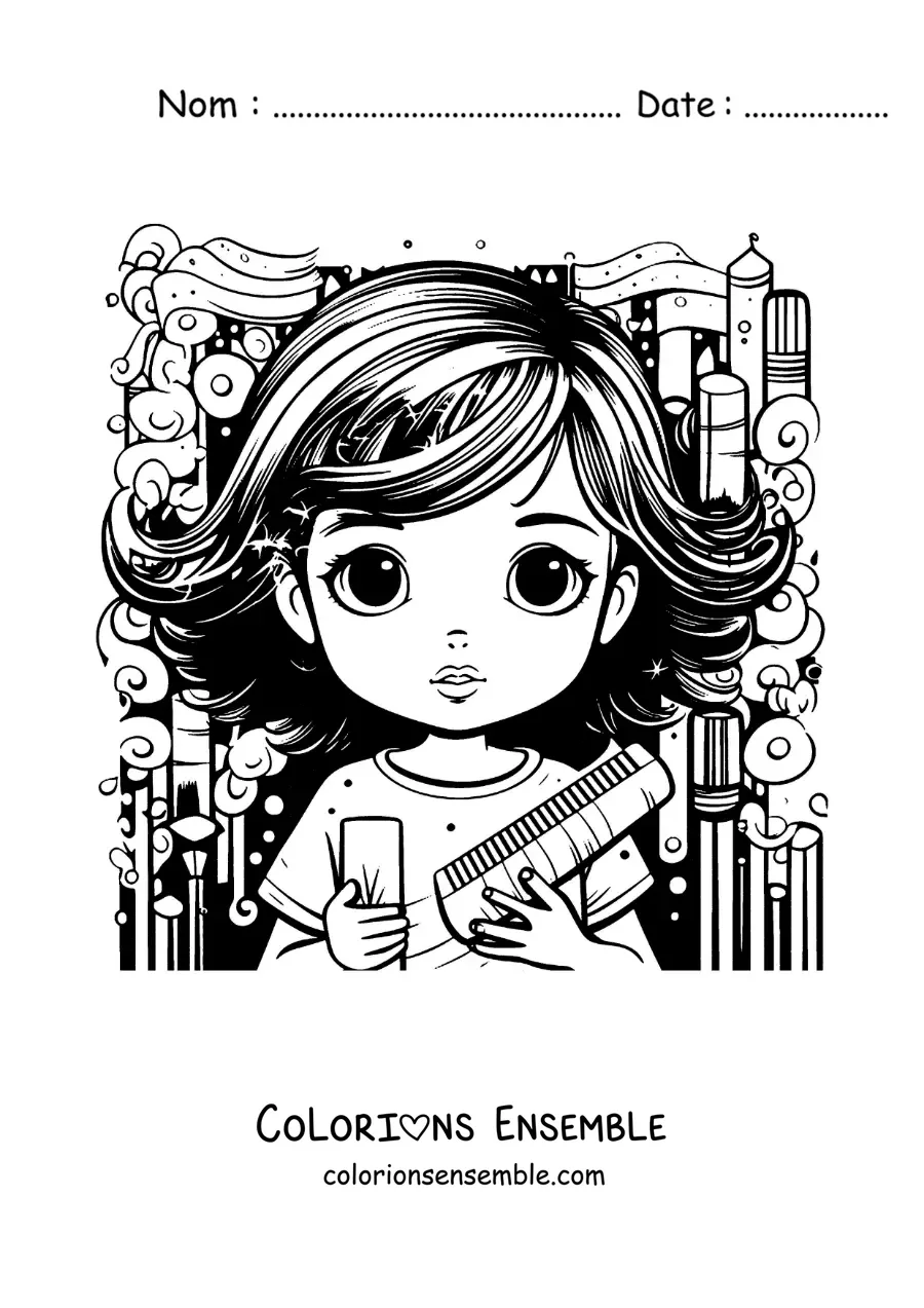 Image à colorier d'une fille décoiffée avec une brosse et un peigne