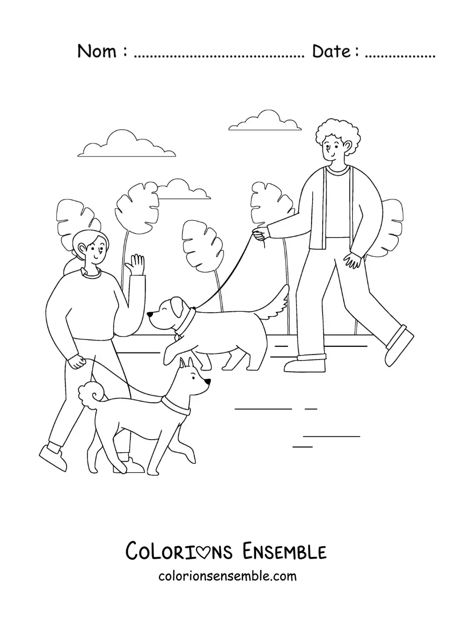 Image à colorier de personnes qui promènent leurs chiens dans le parc