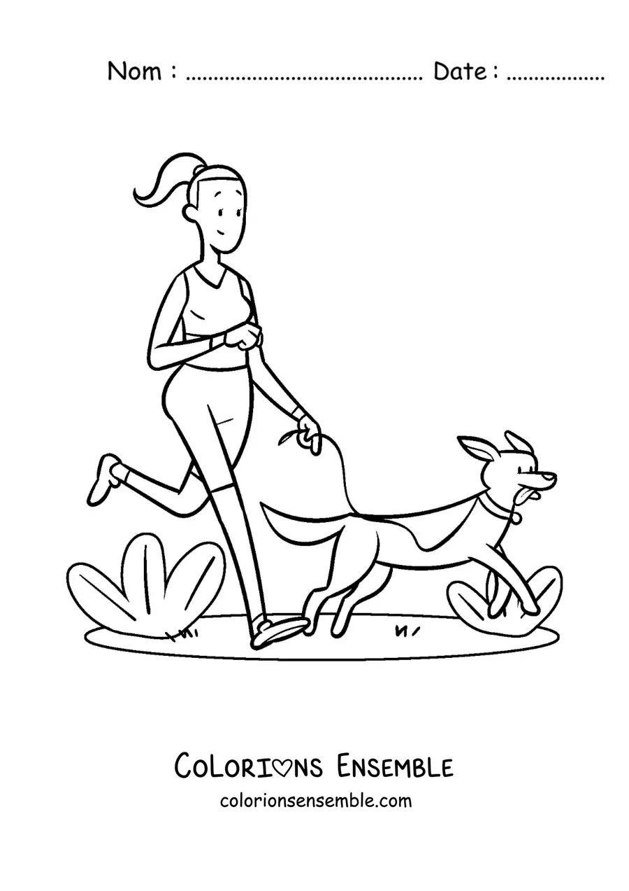 Image à colorier d'une fille qui fait du jogging avec son chien dans le parc