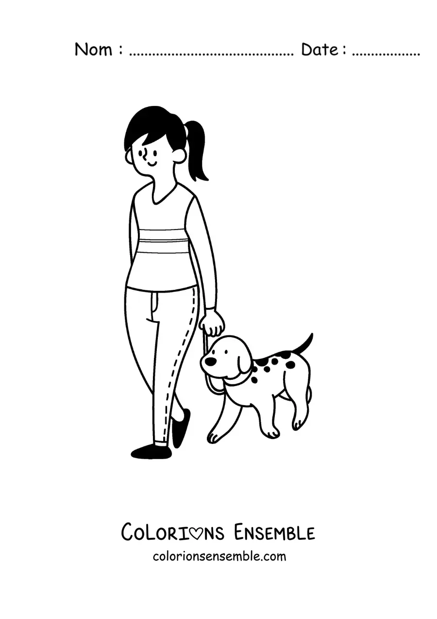 Image à colorier d'une fille qui promène son chien