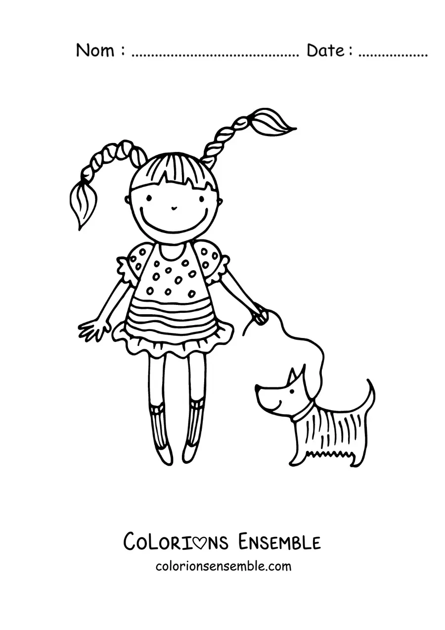 Image à colorier d'une caricature d'une fille qui promène son chien