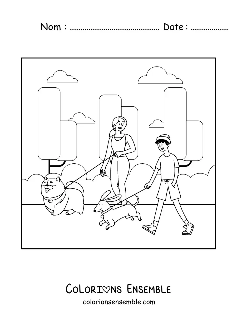 Image à colorier d'une fille et d'un garçon qui promènent leurs chiens dans le parc