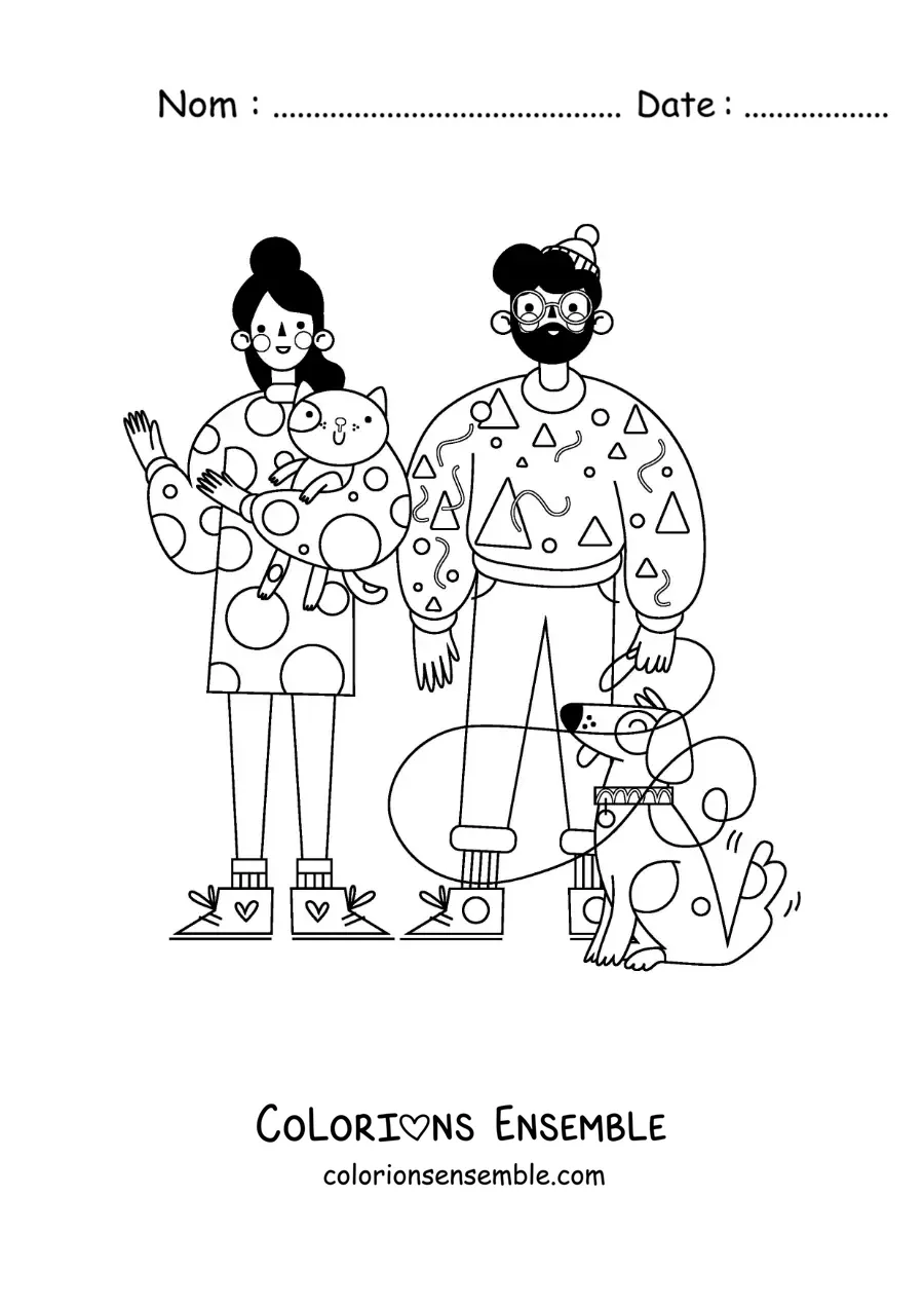 Image à colorier d'un couple avec son chat et son chien en laisse