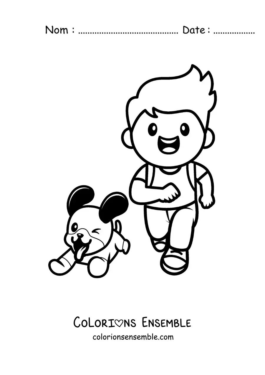 Image à colorier d'un garçon qui court avec son chien kawaii