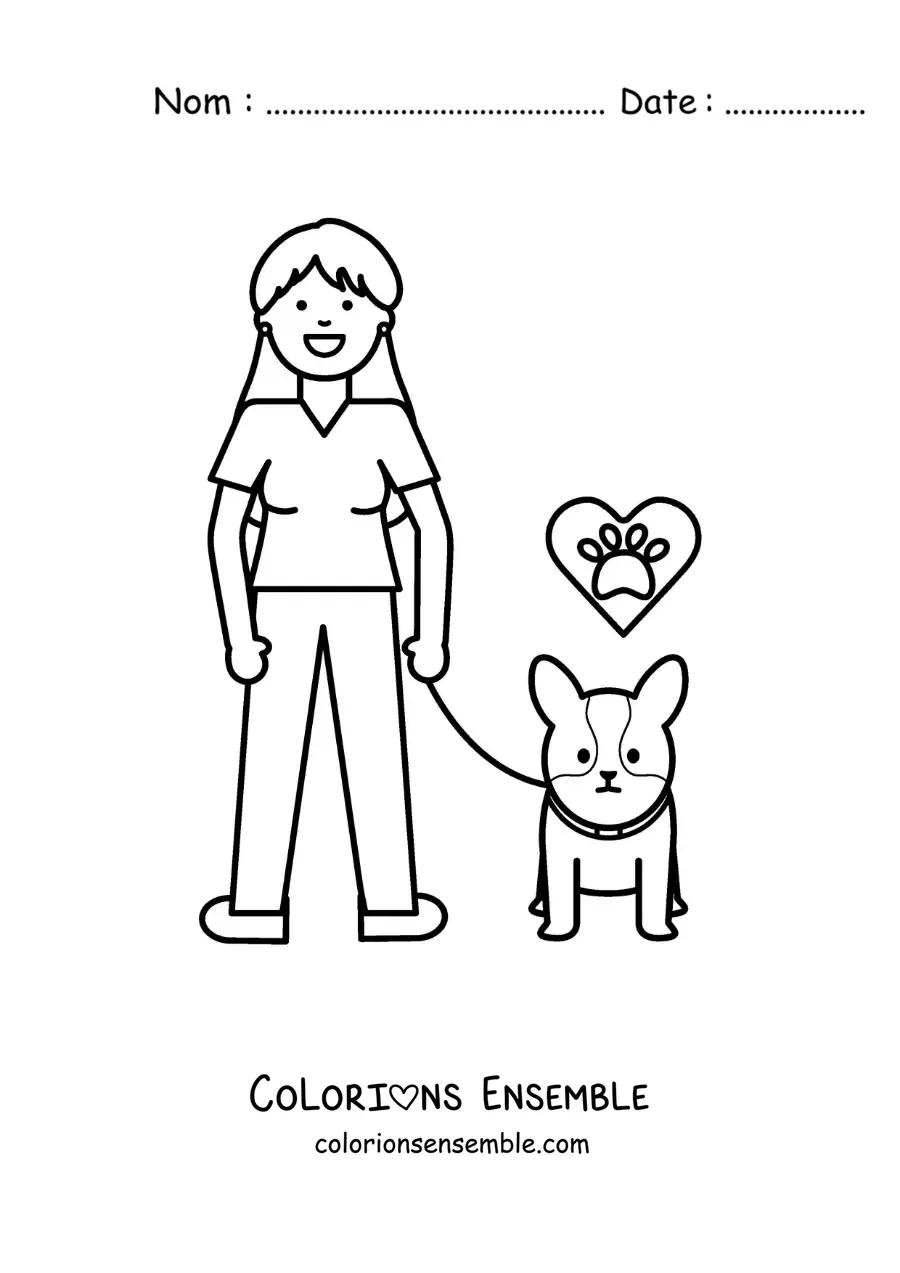 Image à colorier d'une fille qui promène son petit chien en laisse