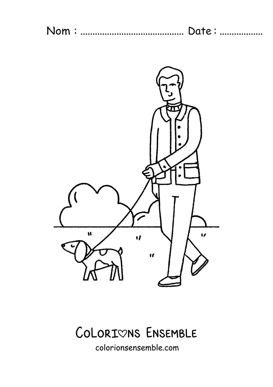 Image à colorier d'un homme qui promène son chien dans le parc