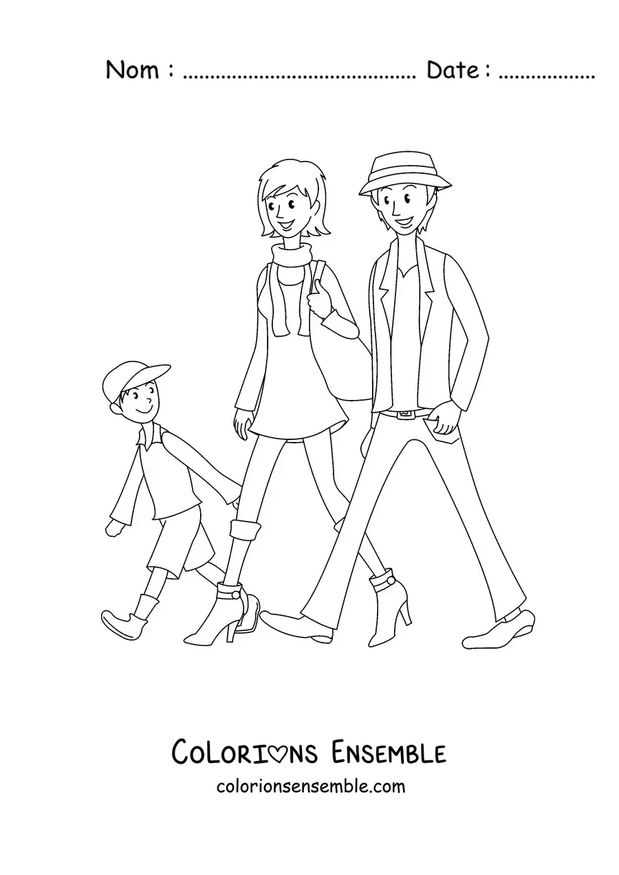 Image à colorier d'une famille en promenade