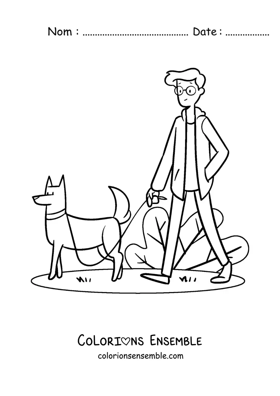 Image à colorier d'un jeune homme qui emmène son chien se promener au parc