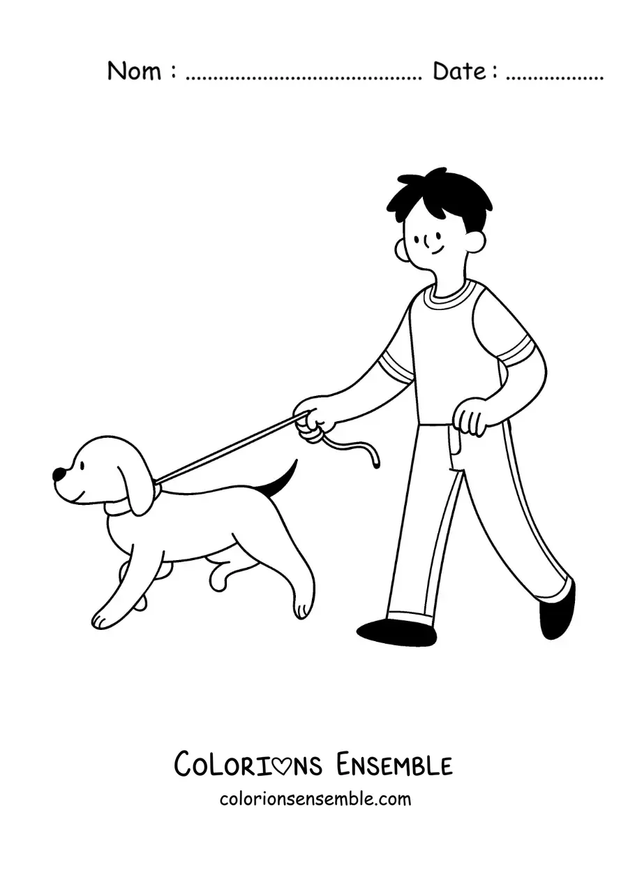 Image à colorier d'un garçon qui emmène son chien se promener en laisse