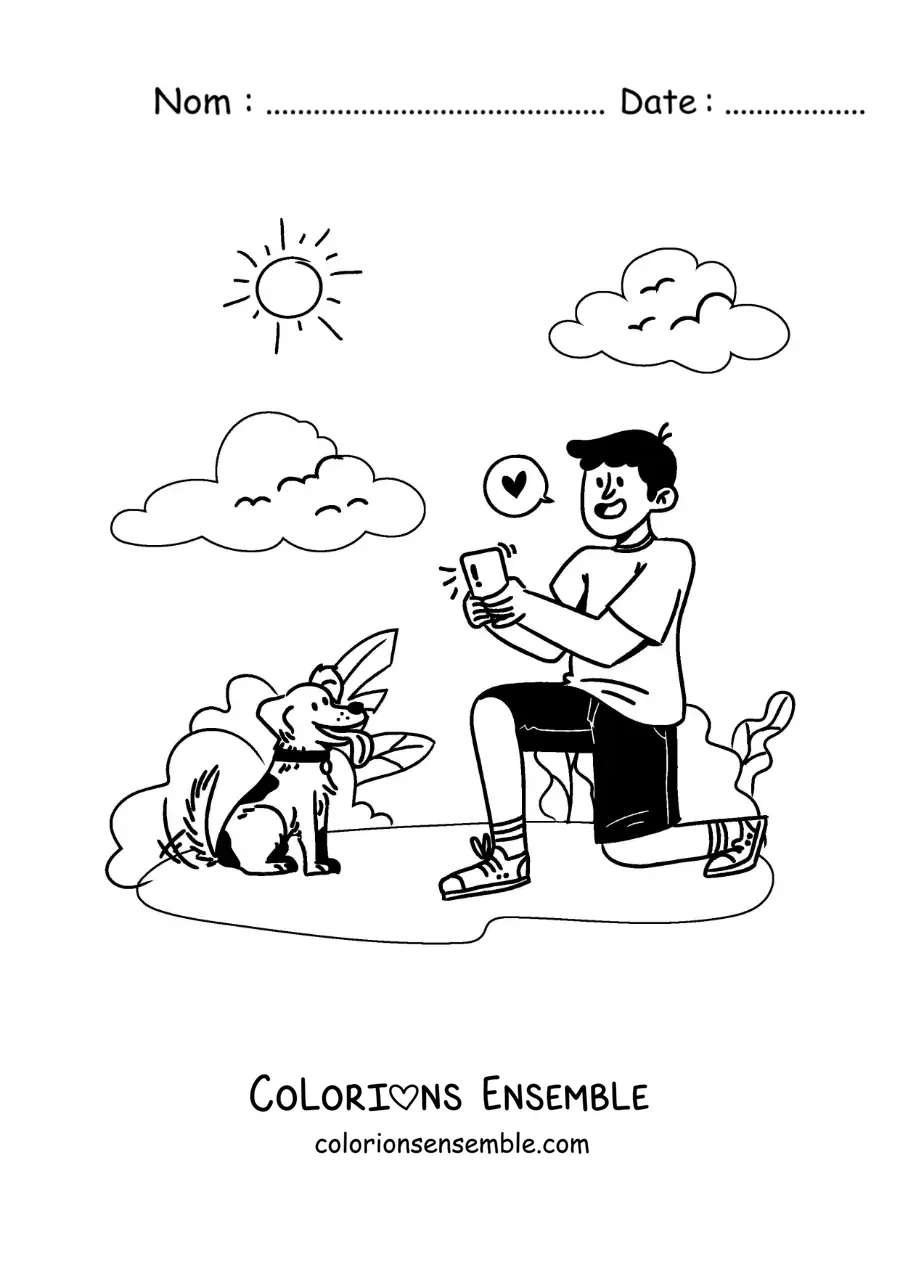 Image à colorier d'un garçon qui prend des photos de son chien pendant une promenade