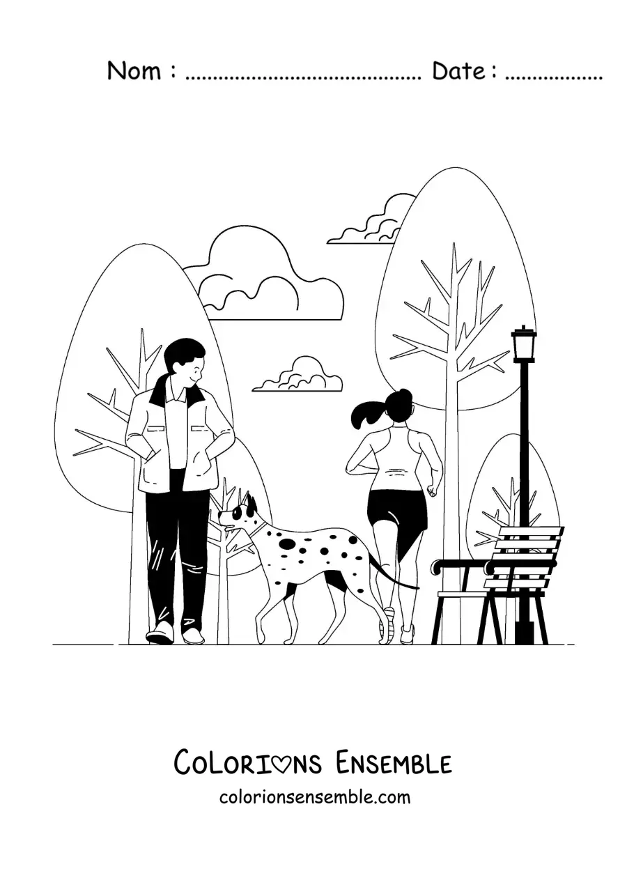 Image à colorier d'un homme qui marche avec son chien dans le parc