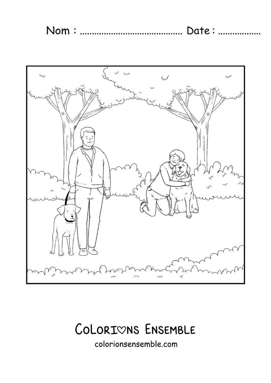 Image à colorier de plusieurs personnes qui se promènent avec leurs chiens dans le parc