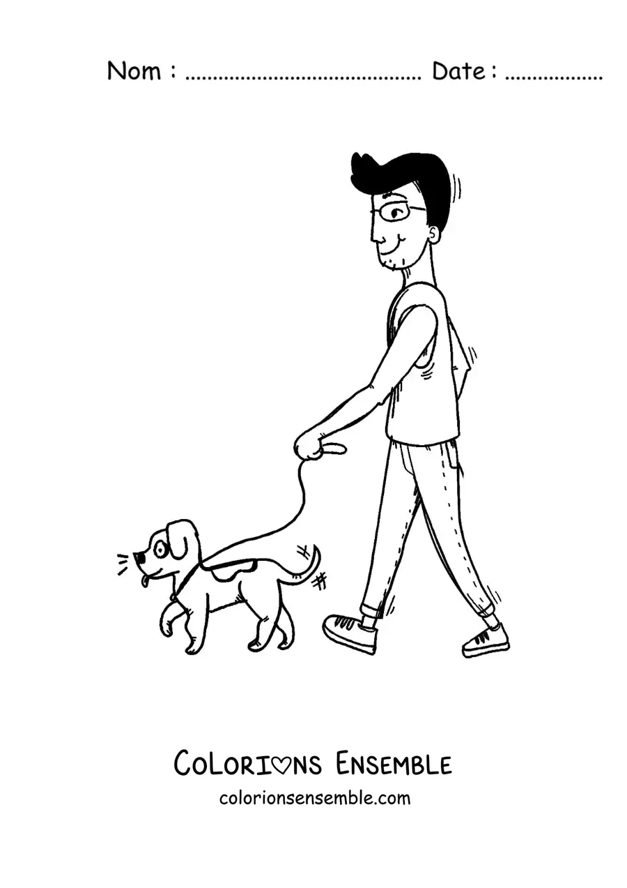 Image à colorier d'une caricature d'un homme qui promène son chien
