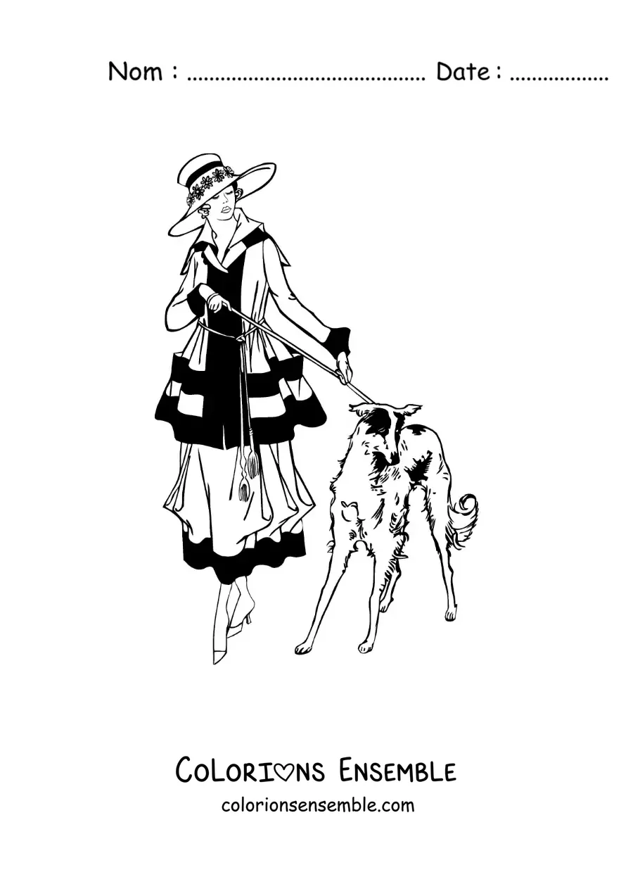 Image à colorier d'une fille élégante qui se promène avec son chien