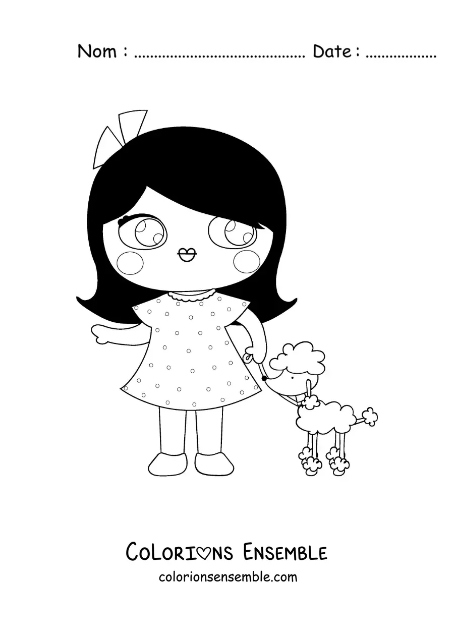 Image à colorier d'une poupée animée qui promène son petit chien