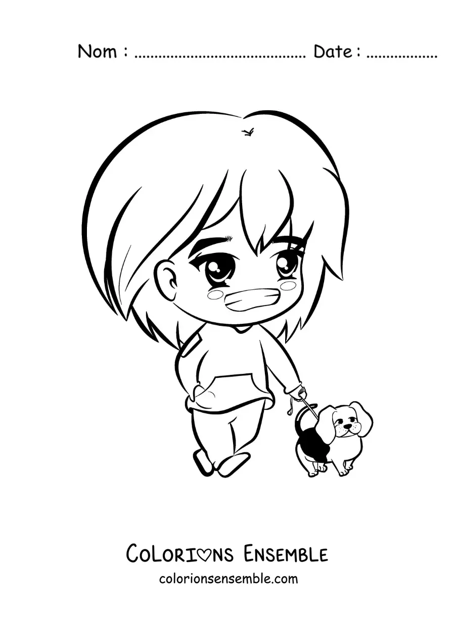 Image à colorier d'une fille kawaii qui promène son chien