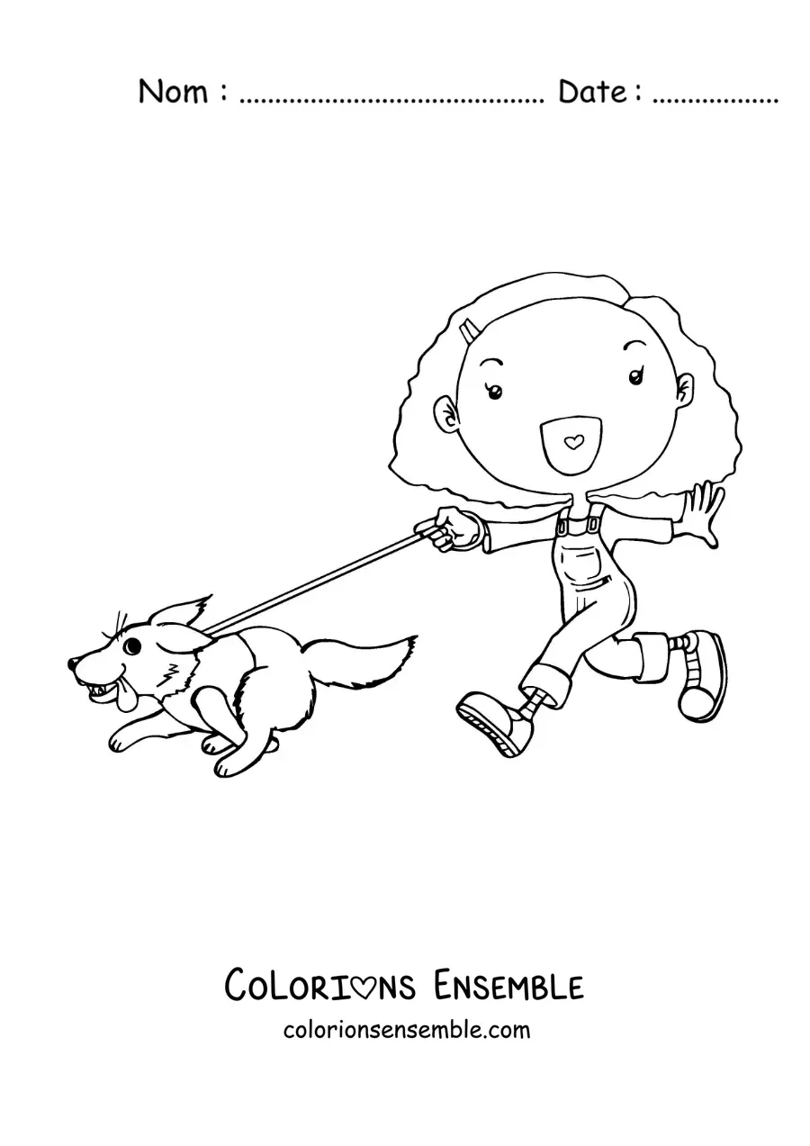 Image à colorier d'une fillette animée qui promène son chien
