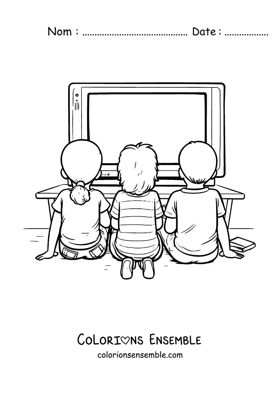 Image à colorier d'enfants assis devant la télévision