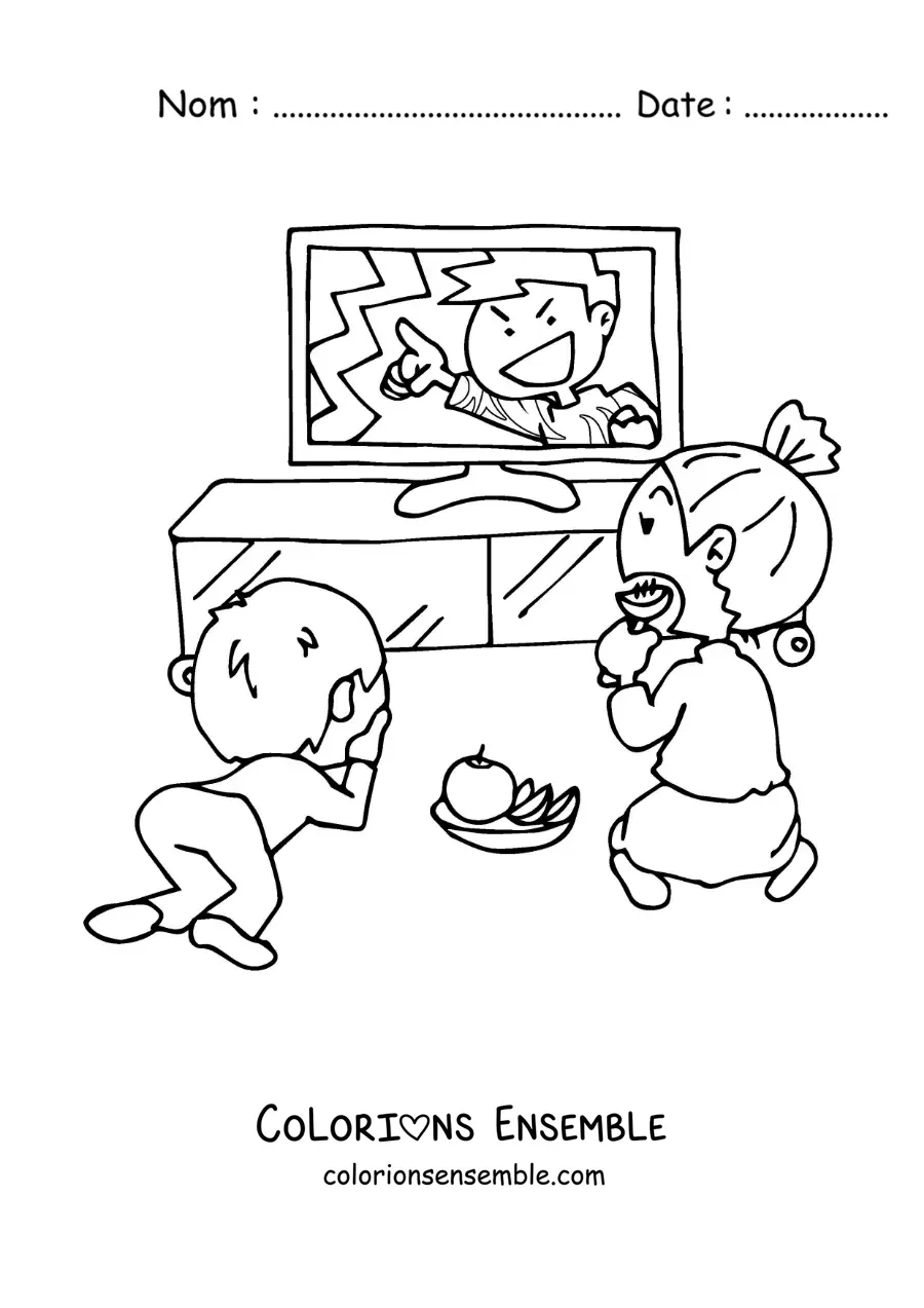 Image à colorier de deux enfants qui mangent des fruits en regardant la télévision