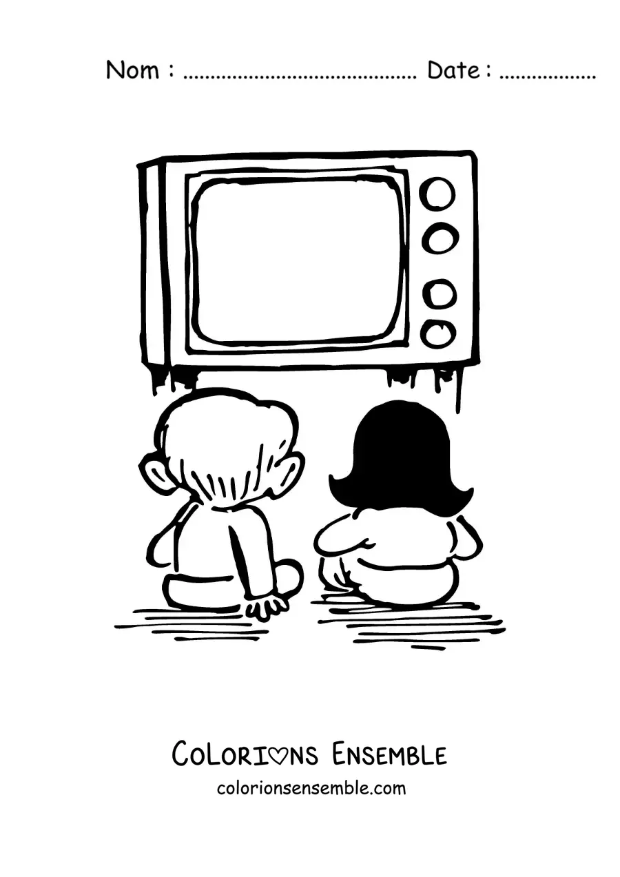 Image à colorier d'un dessin animé de deux enfants qui regardent la télévision
