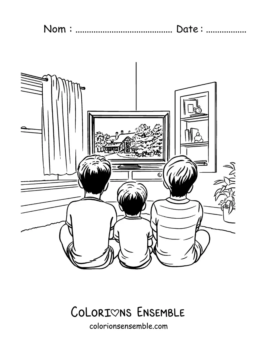 Image à colorier d'enfants assis en train de regarder la télé