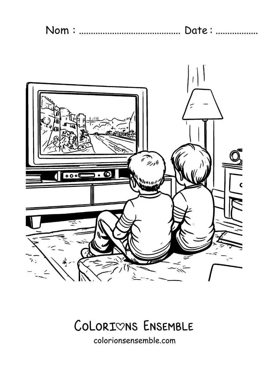Image à colorier de deux enfants amis qui regardent la télé