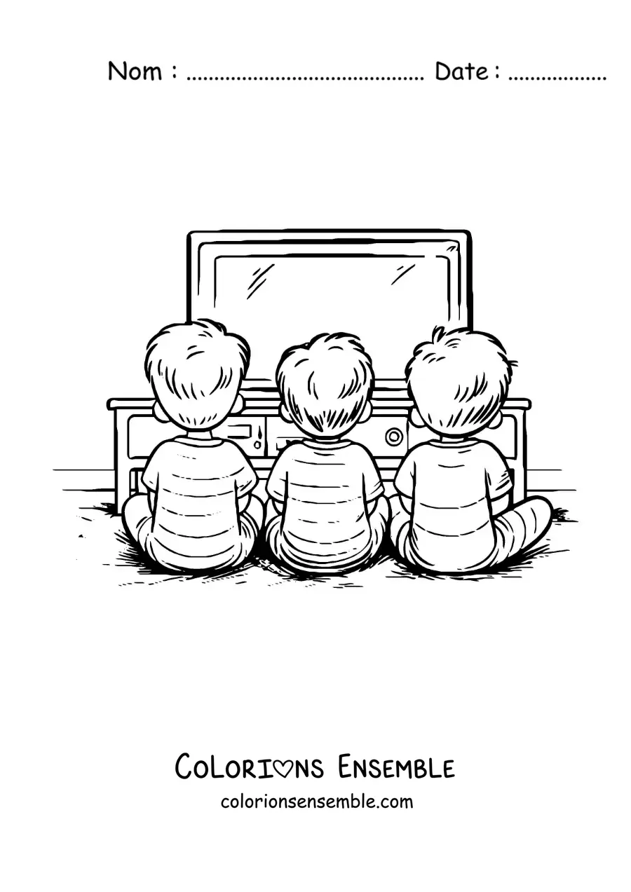 Image à colorier de trois frères et sœurs qui regardent la télévision