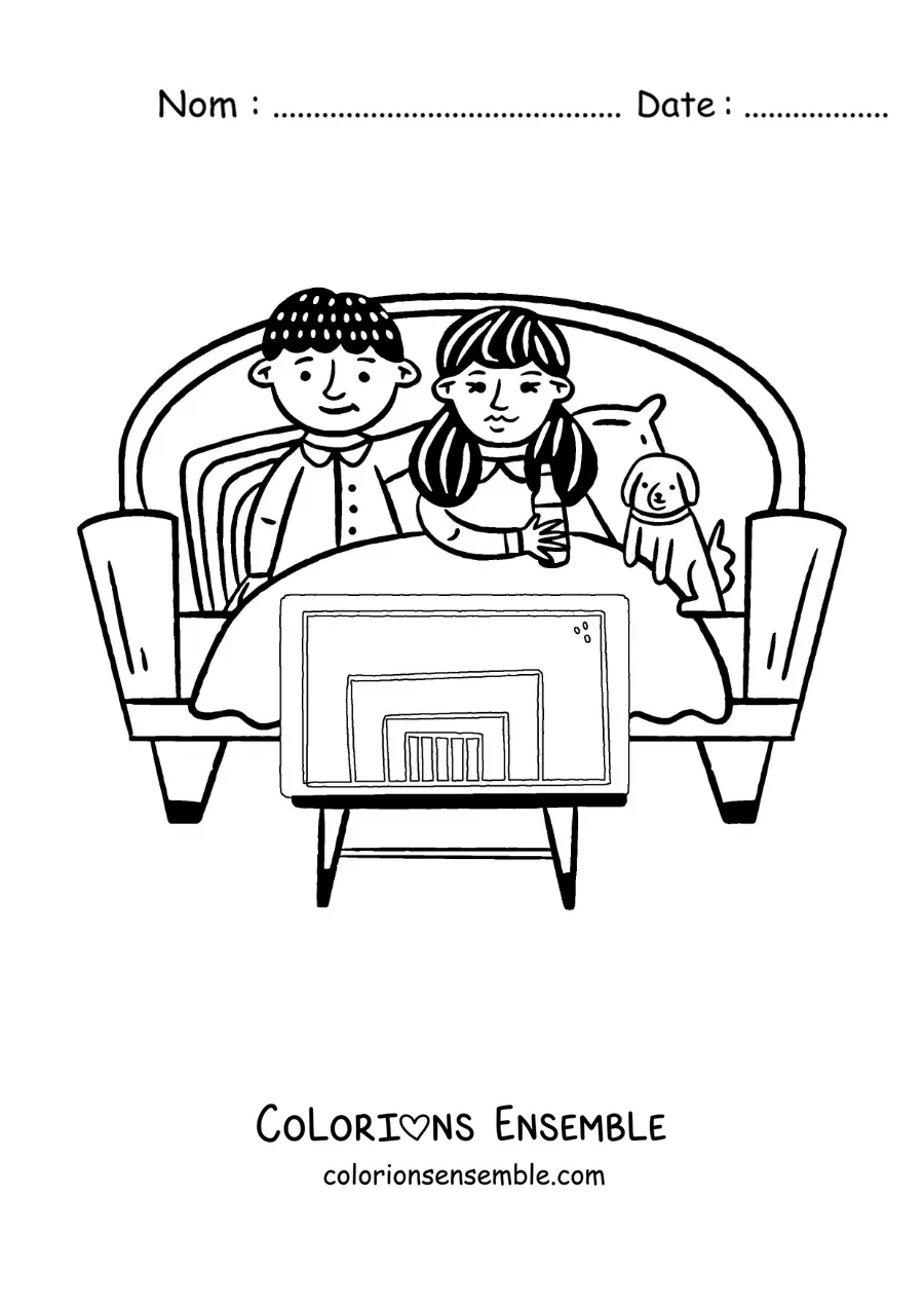 Image à colorier d'un couple qui regarde des films à la télé sur le canapé