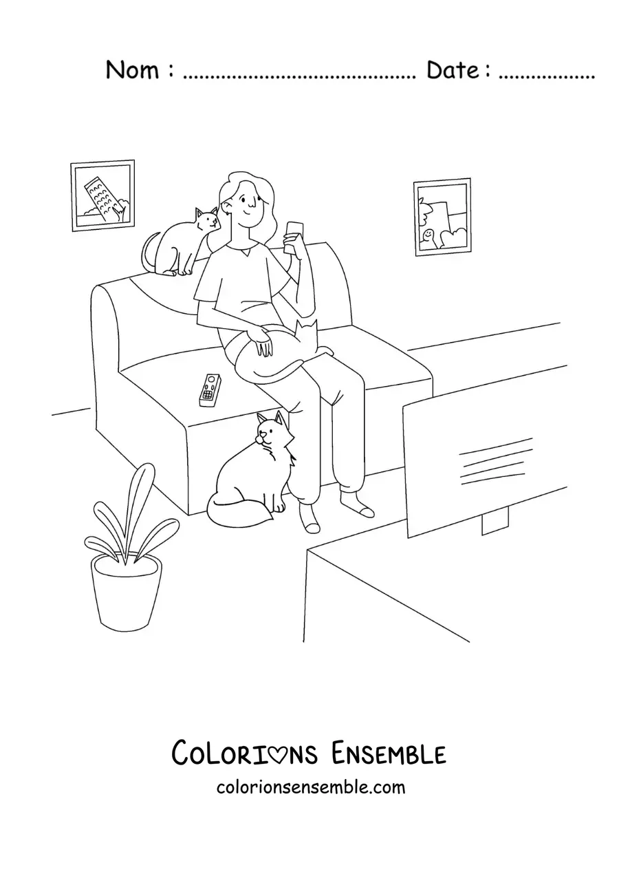 Image à colorier d'une fille qui regarde la télé à la maison avec ses chats