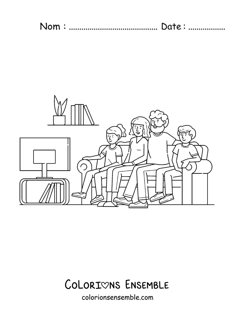 Image à colorier d'une famille qui regarde la télévision à la maison