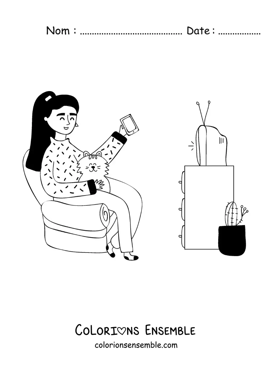 Image à colorier d'une fille qui regarde la télévision avec son chat