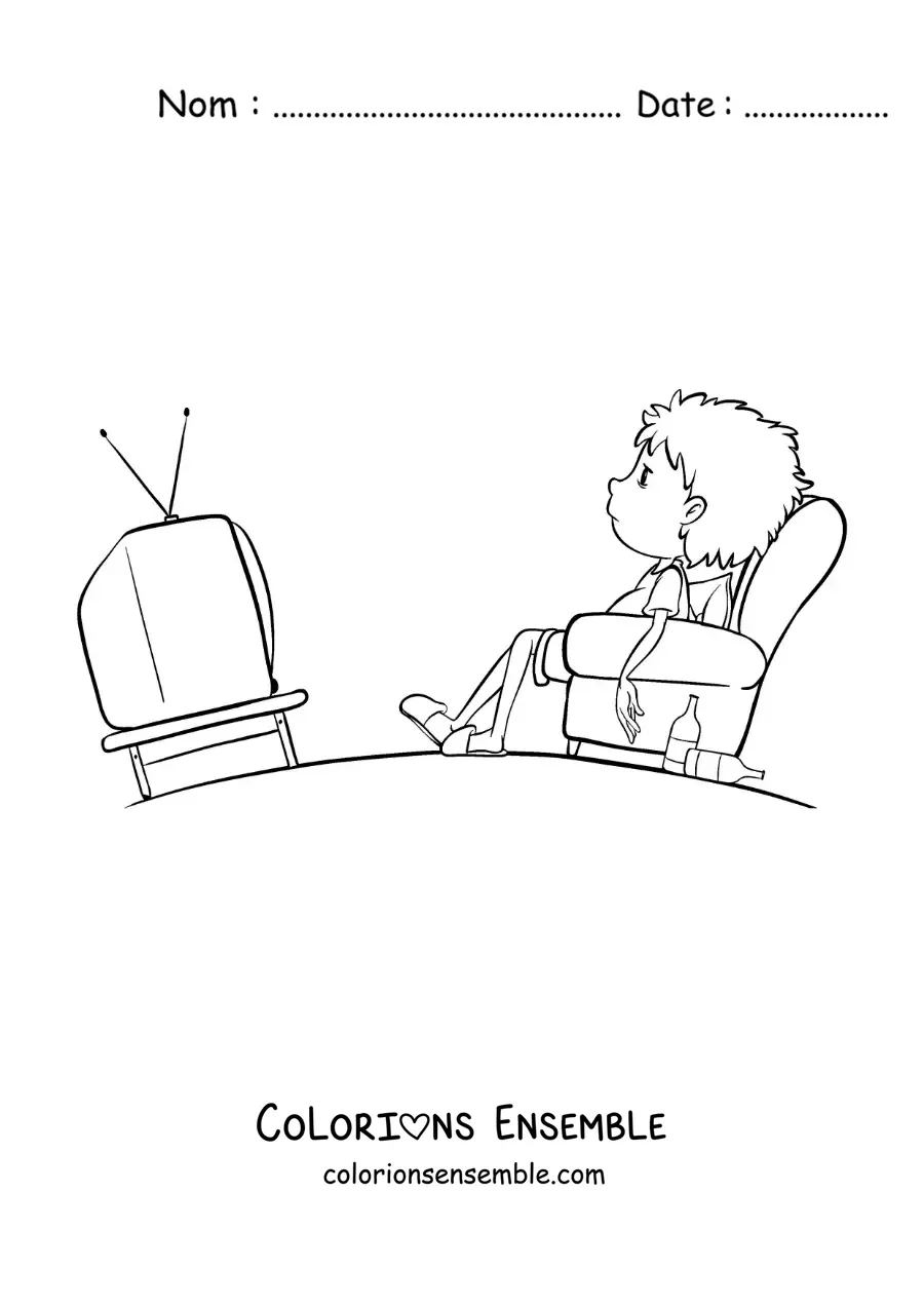 Image à colorier d'un garçon qui regarde la télévision sur le canapé