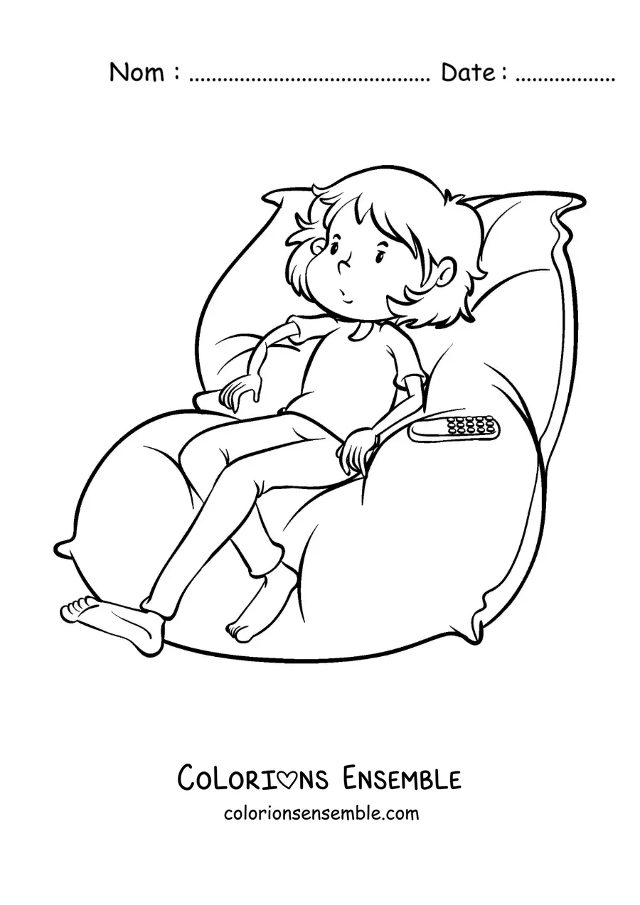 Image à colorier d'un garçon assis en train de regarder la télé