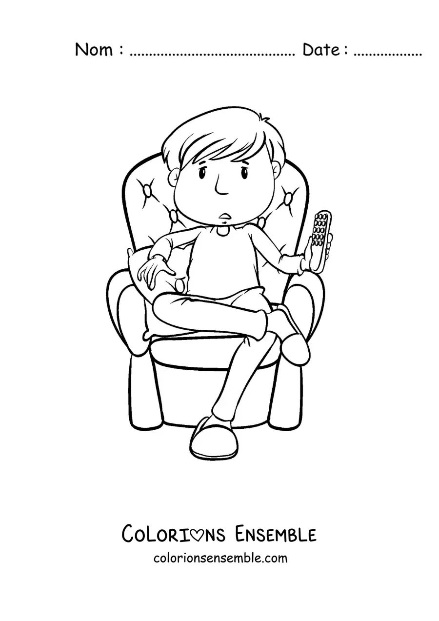 Image à colorier d'un garçon assis avec la télécommande de la télé